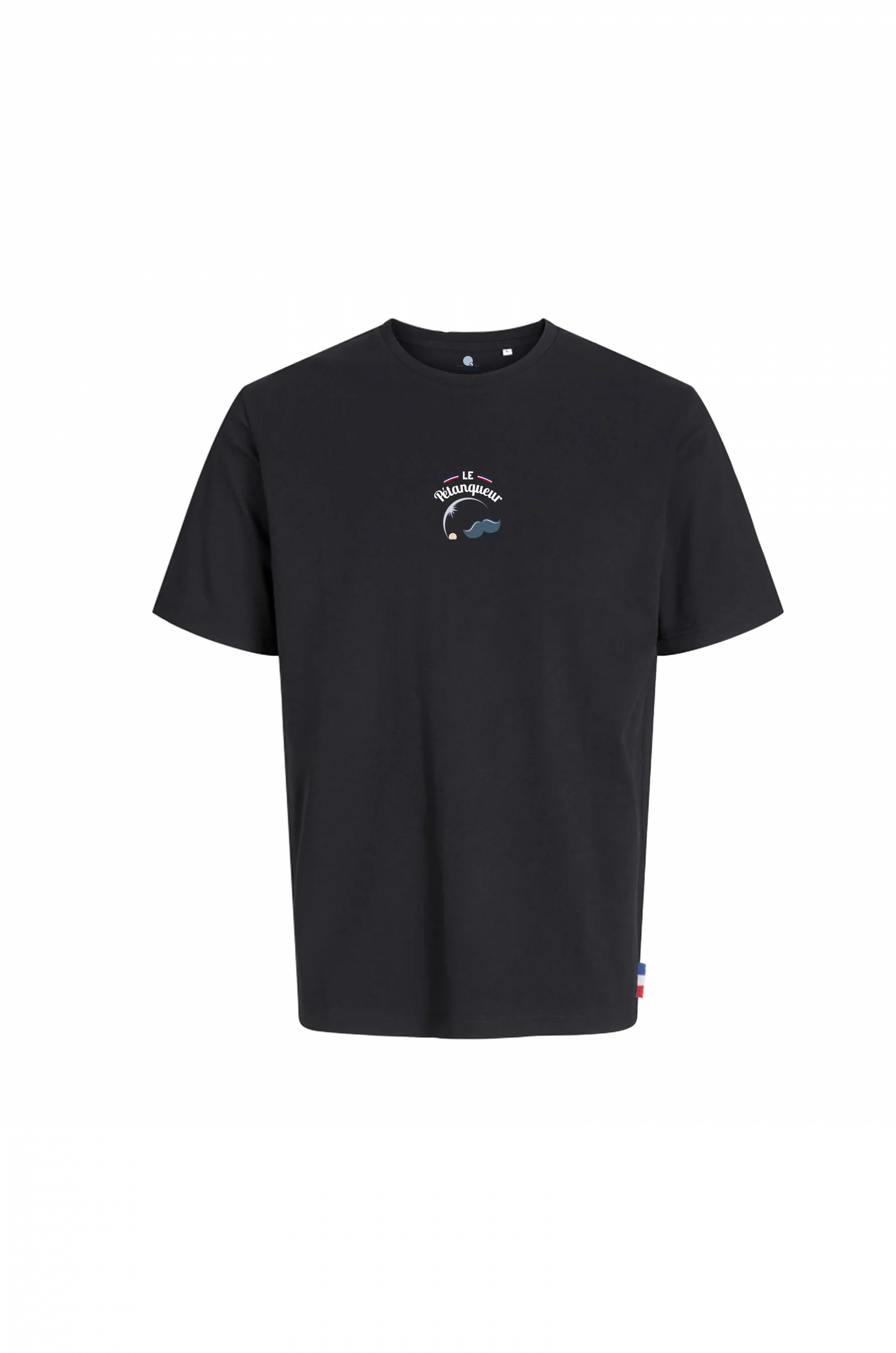 T-shirt noir avec le logo “Le Pétanqueur” représentant une boule de pétanque et une moustache bleue, sur fond transparent.
